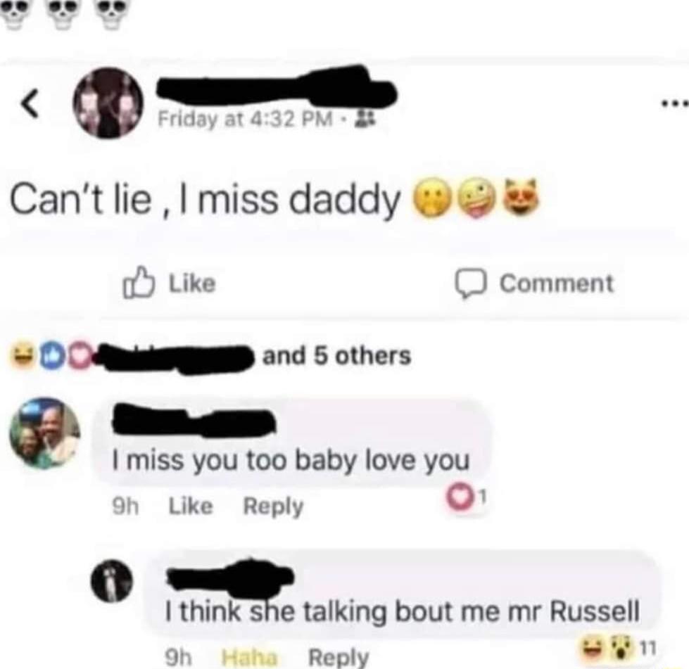 Cantlie miss daddy oY Like D comment D OAmisg 2nd 5 others miss you too baby love you h Like Reply v think se talking bout me mr Russell 5h Haha Reply ELA