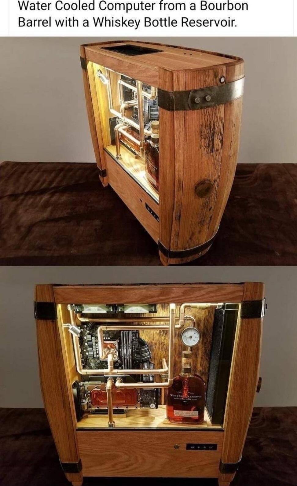 Water Cooled Computer from a Bourl Barrel with a Whiskey Bottle Reservoir