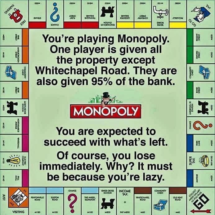 A Youre playing Monopoly One player is given all i the property except 1 Whitechapel Road They are EI also given 95 of the bank At L MONOPOLY i B You are expected to succeed with whats left Iu i A Of course you lose 5 immediately Why It must ton be because youre lazy e