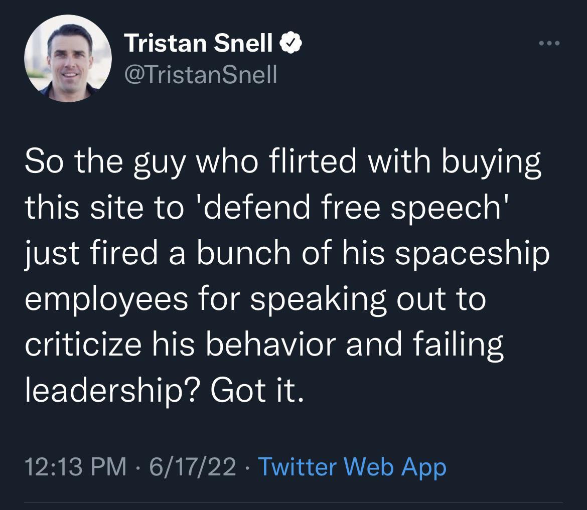 Tristan Snell TristanSnell SToRalN VVA W aleRilIgtTe RY1dal oVYiTp IR I CREOINC SiiTale RIGISRS o llTelal V e igTe RN o1V alel s We Mol SES o Tel alf o employees for speaking out to criticize his behavior and failing leadership Got it 1213 PM 61722 Twitter Web App