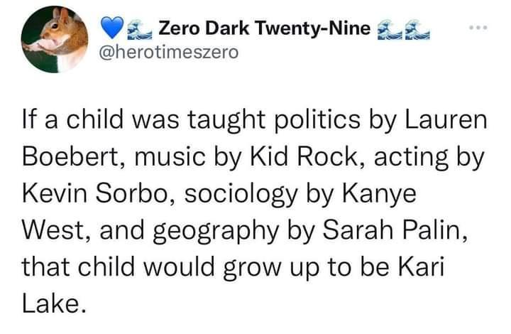 2 Zero Dark Twenty Nine _ herotimeszero If a child was taught politics by Lauren Boebert music by Kid Rock acting by Kevin Sorbo sociology by Kanye West and geography by Sarah Palin that child would grow up to be Kari Lake