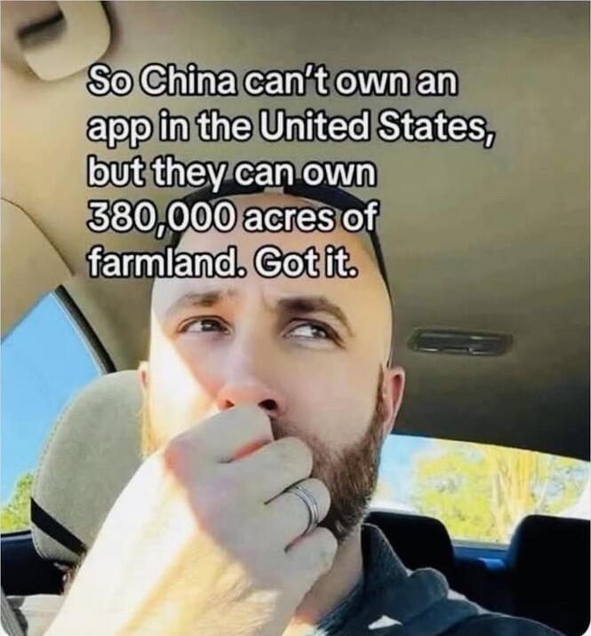 So China can't own an app in the United States, but they can own 380,000 acres of farmland. Got it.