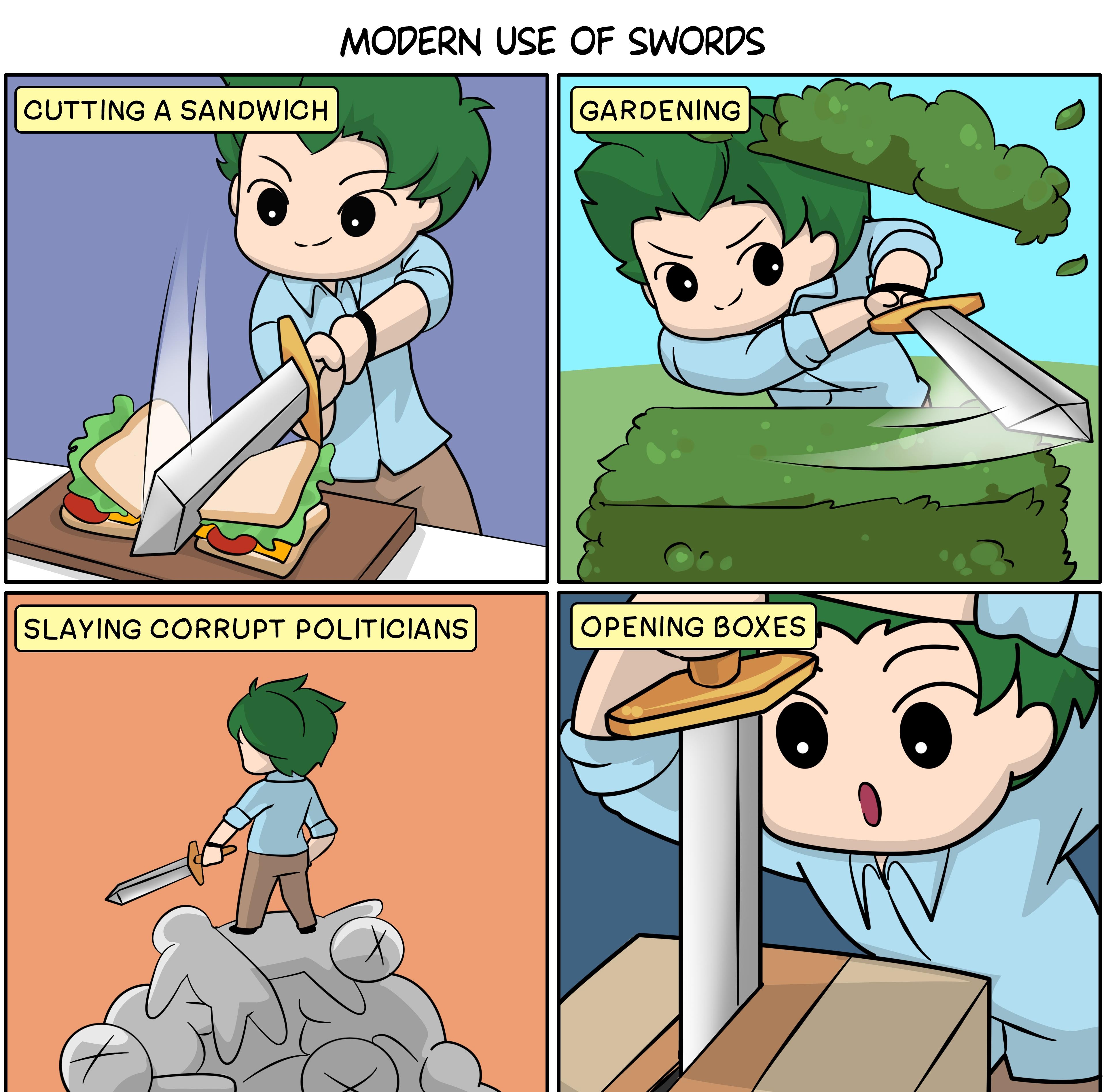 MODERN USE OF SWORDS CUTTING A SANDWICH GARDENING o