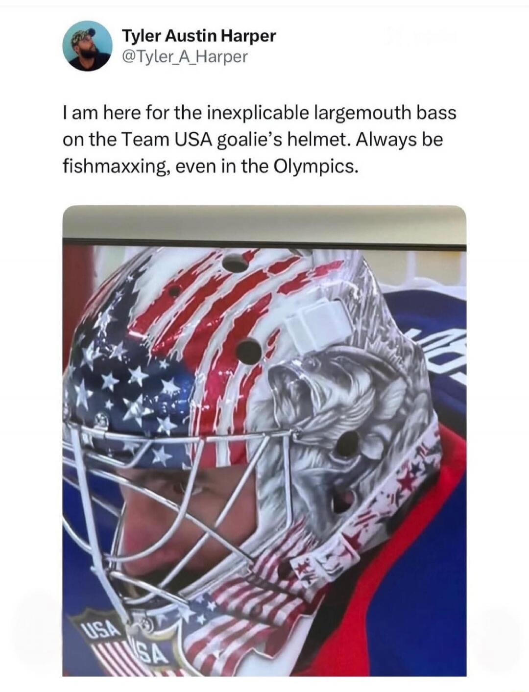I am here for the inexplicable largemouth bass on the Team USA goalie’s helmet. Always be fishmaxxing, even in the Olympics.