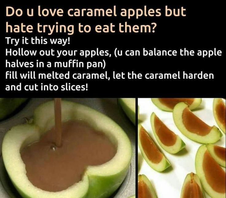 Do u love caramel apples but hate trying to eat them Try it this way Hollow out your apples u can balance the apple LEWIS L ER O TG ED Fill will melted caramel let the caramel harden and cut into slices