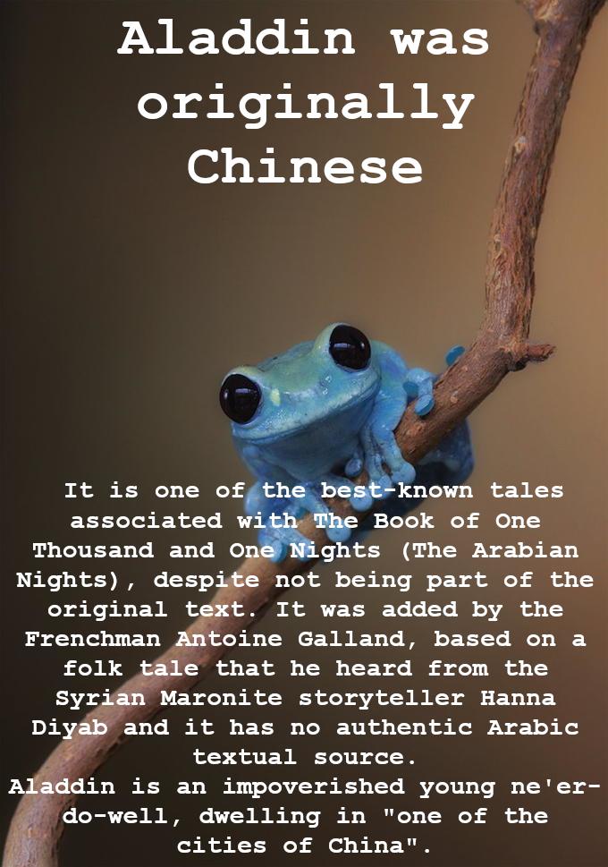 Aladdin was originally 03 B8 o TY1 It is one of nown tales associated Book of One Thousand and O ghts The Arabian Nights despite not being part of the original text It was added by the Frenchman Antoine Galland based on a folk tle that he heard from the Syridn Maronite storyteller Hanna Diyab and it has no authentic Arabic 4 textual source Aladdin is an impoverished young neer do well dwelling in 