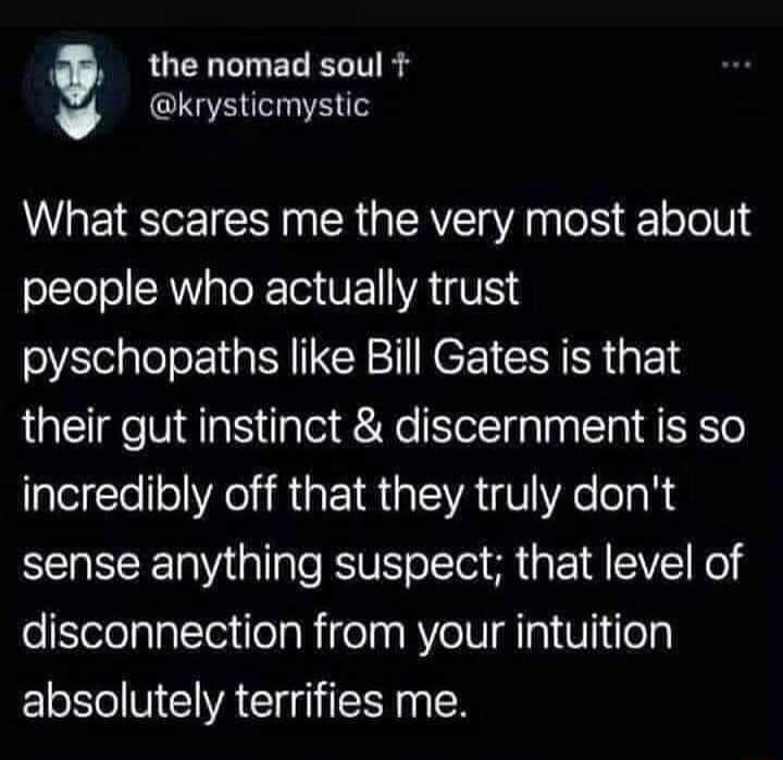 the nomad soul krysticmystic What scares me the very most about people who actually trust pyschopaths like Bill Gates is that their gut instinct discernment is so lalelglello el R GEIR GEVA TR e elh3 sense anything suspect that level of disconnection from your intuition absolutely terrifies me