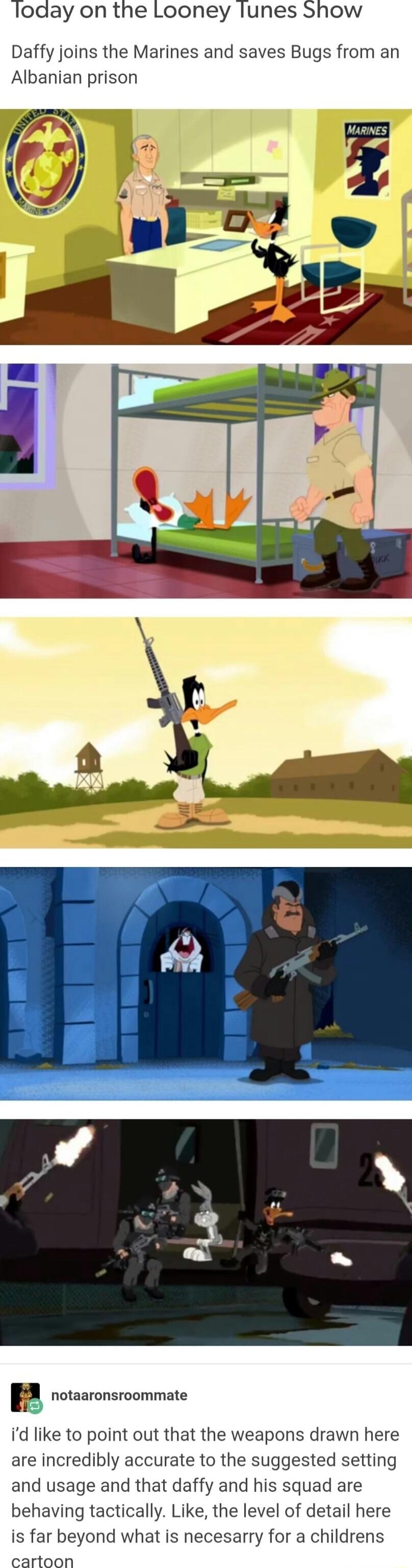 loday on the Looney lunes Show Daffy joins the Marines and saves Bugs from an Albanian prison a notaaronsroommate id like to point out that the weapons drawn here are incredibly accurate to the suggested setting and usage and that daffy and his squad are behaving tactically Like the level of detail here is far beyond what is necesarry for a childrens cartoon