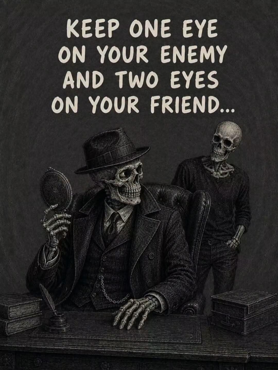 KEEP ONE EYE ON YOUR ENEMY AND TWO EYES ON YOUR FRIEND...