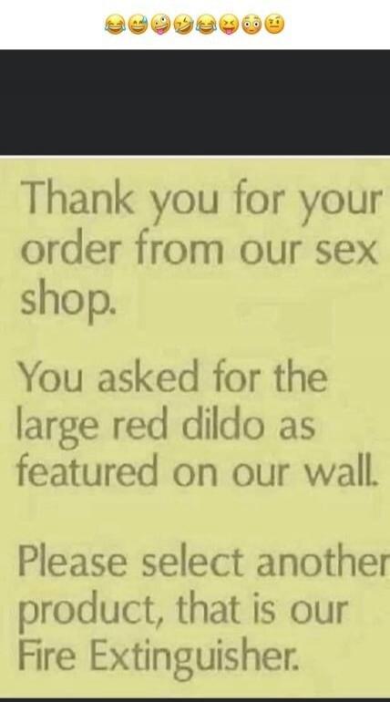 Thank you for your order from our sex shop. You asked for the large red dildo as featured on our wall. Please select another product, that is our Fire Extinguisher.