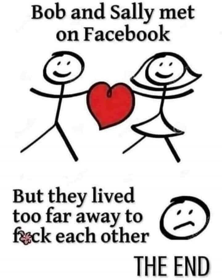 Bob and Sally met on Facebook. But they lived too far away to f*ck each other. THE END.