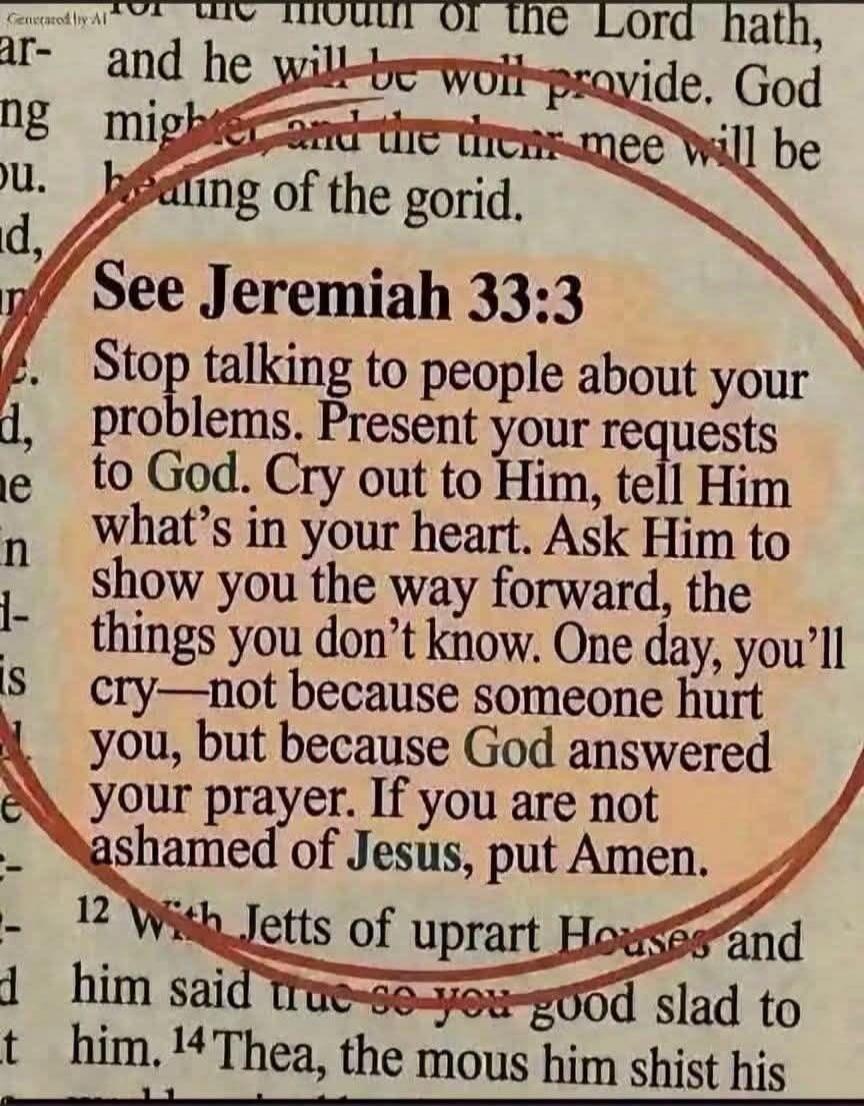 See Jeremiah 33:3 Stop talking to people about your problems. Present your requests to God. Cry out to Him, tell Him what's in your heart. Ask Him to show you the way forward, the things you don't know. One day, you'll cry—not because someone hurt you, but because God answered your prayer. If you are not ashamed of Jesus, put Amen.