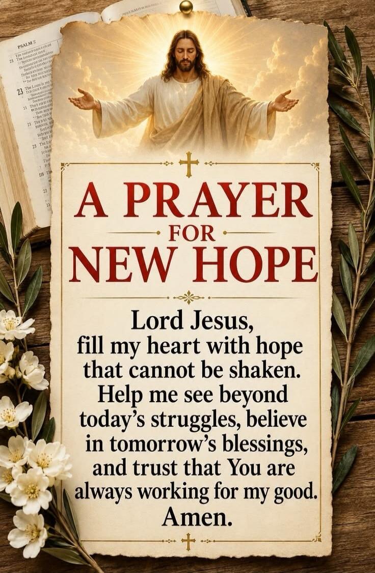 PSALM 23 A PRAYER FOR NEW HOPE Lord Jesus, fill my heart with hope that cannot be shaken. Help me see beyond today's struggles, believe in tomorrow's blessings, and trust that You are always working for my good. Amen.