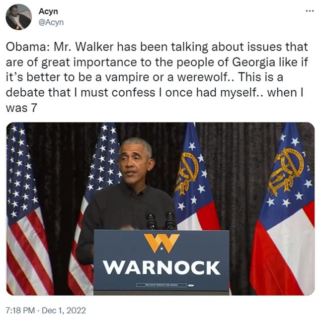 6 Obama Mr Walker has been talking about issues that are of great importance to the people of Georgia like if its better to be a vampire or a werewolf This is a debate that must confess once had myself when was 7