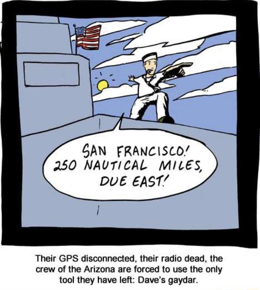 GAN FRANCISCO 250 NAUTICAL MILES DUVE EAST Their GPS disconnected their radio dead the crew of the Arizona are forced to use the only tool they have left Daves gaydar