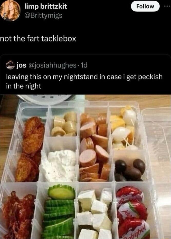 Jileed 1 Brittymigs L not the fart tacklebox jos josiahhughes 1d leaving this on my nightstand in case i get peckish GRGENIEGT