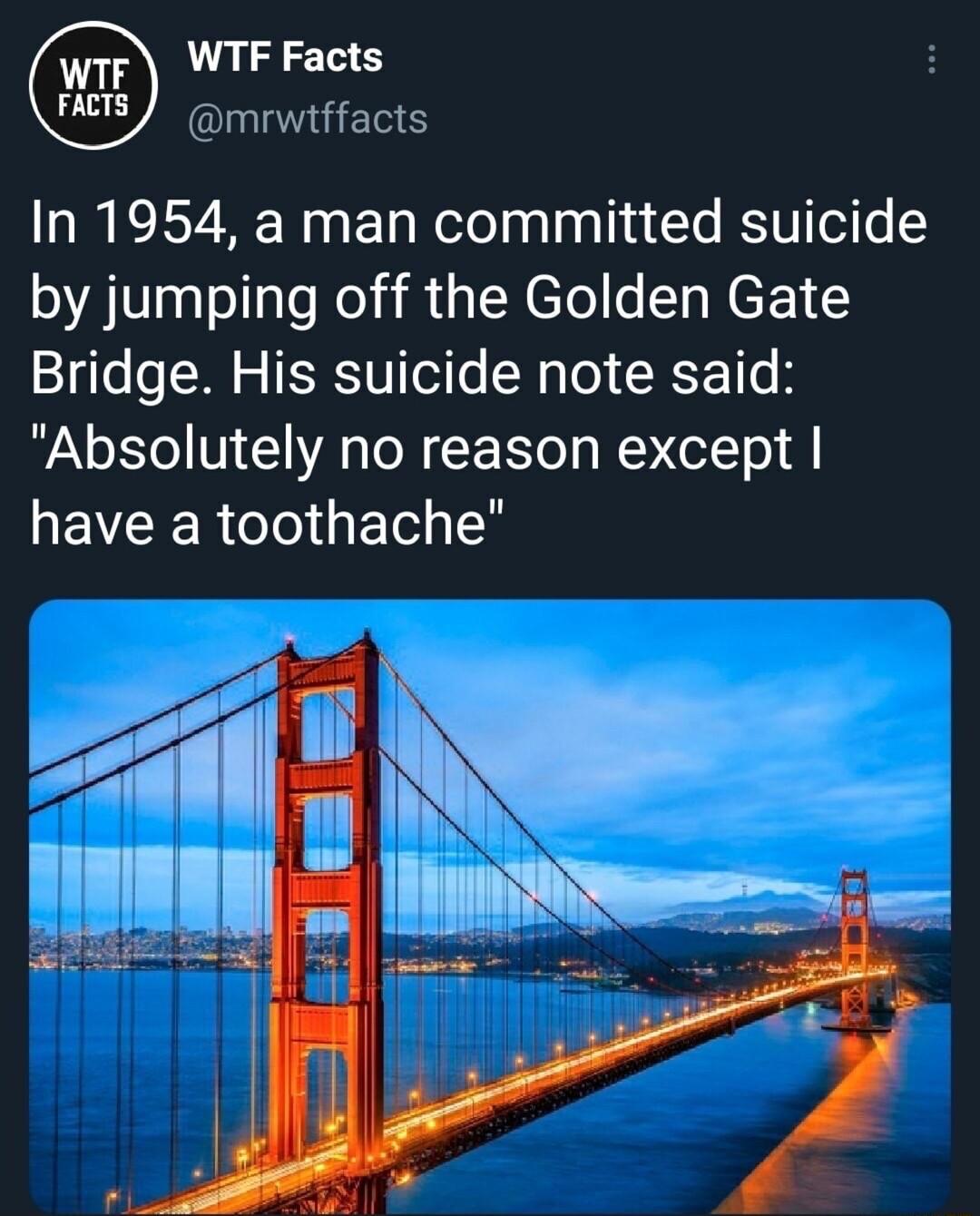WTF Facts OIRESE In 1954 a man committed suicide by jumping off the Golden Gate Bridge His suicide note said Absolutely no reason except NEVEEER Tl i ETela8