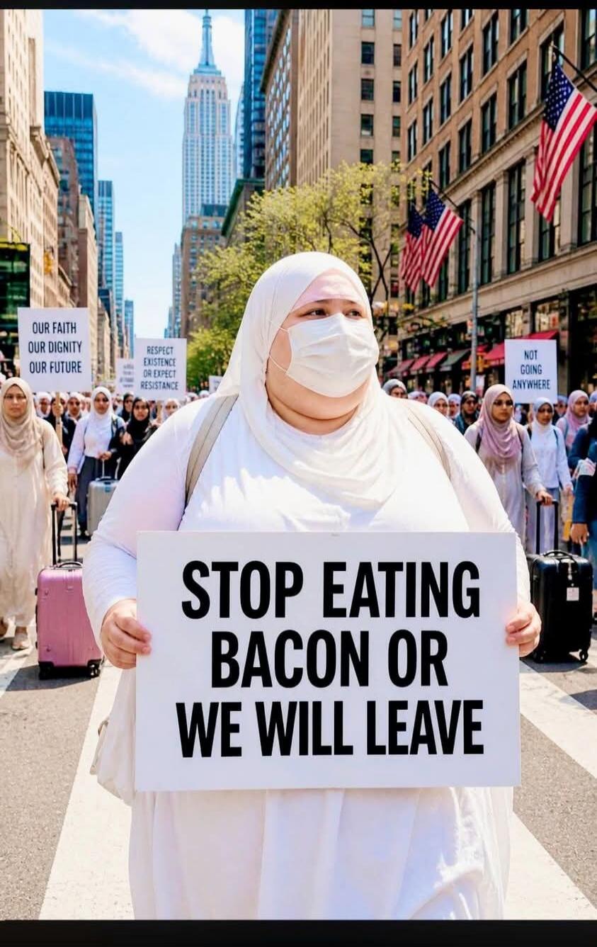STOP EATING BACON OR WE WILL LEAVE. OUR FAITH OUR DIGNITY OUR FUTURE. RESPECT EXISTENCE OR EXPECT RESISTANCE. NOT GOING ANYWHERE.