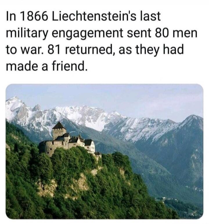 In 1866 Liechtenstein's last military engagement sent 80 men to war. 81 returned, as they had made a friend.