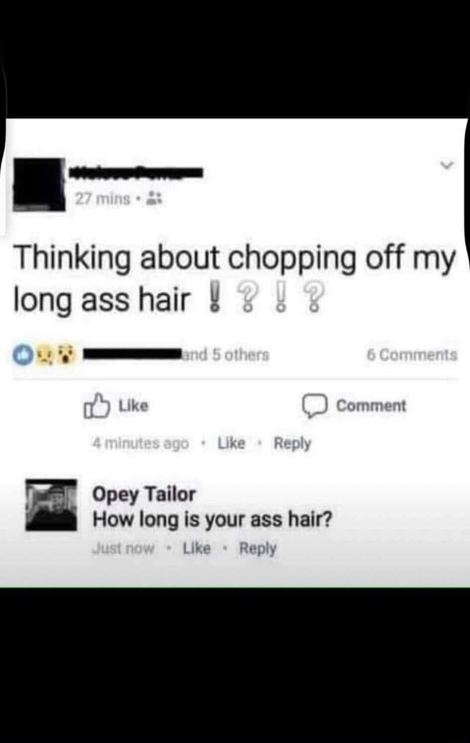 Thinking about chopping off my long ass hair

Opey Tailor: How long is your ass hair?