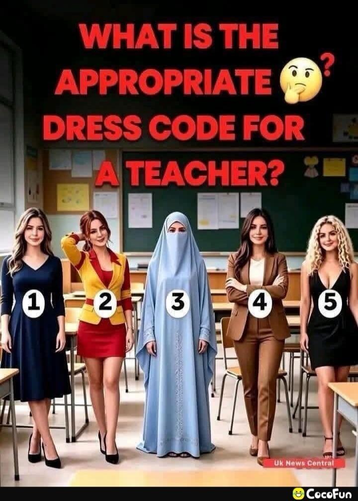 WHAT IS THE APPROPRIATE DRESS CODE FOR A TEACHER? The image displays five women, each numbered from 1 to 5, standing in a classroom setting. Each woman is wearing a distinct outfit, ranging from a modest dark blue dress, a short red skirt with a yellow blazer, a full light blue niqab, a professional brown pantsuit, to a short black dress with a dee