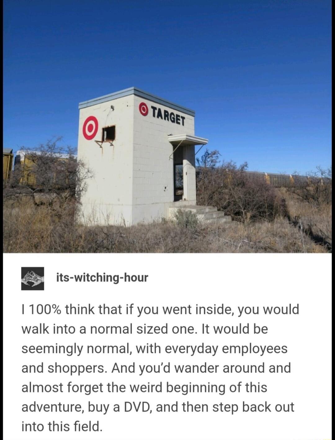 1100 think that if you went inside you would walk into a normal sized one It would be seemingly normal with everyday employees and shoppers And youd wander around and almost forget the weird beginning of this adventure buy a DVD and then step back out into this field