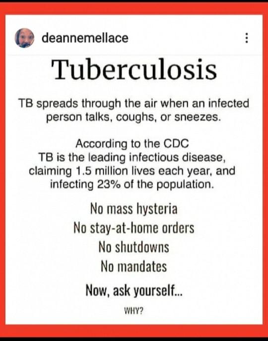 deannemellace Tuberculosis TB spreads through the air when an infected person talks coughs or sneezes According to the CDC TB is the leading infectious disease claiming 15 million lives each year and infecting 23 of the population No mass hysteria No stay at home orders No shutdowns No mandates Now ask yourself WHY