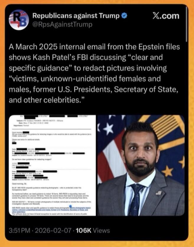A March 2025 internal email from the Epstein files shows Kash Patel's FBI discussing 