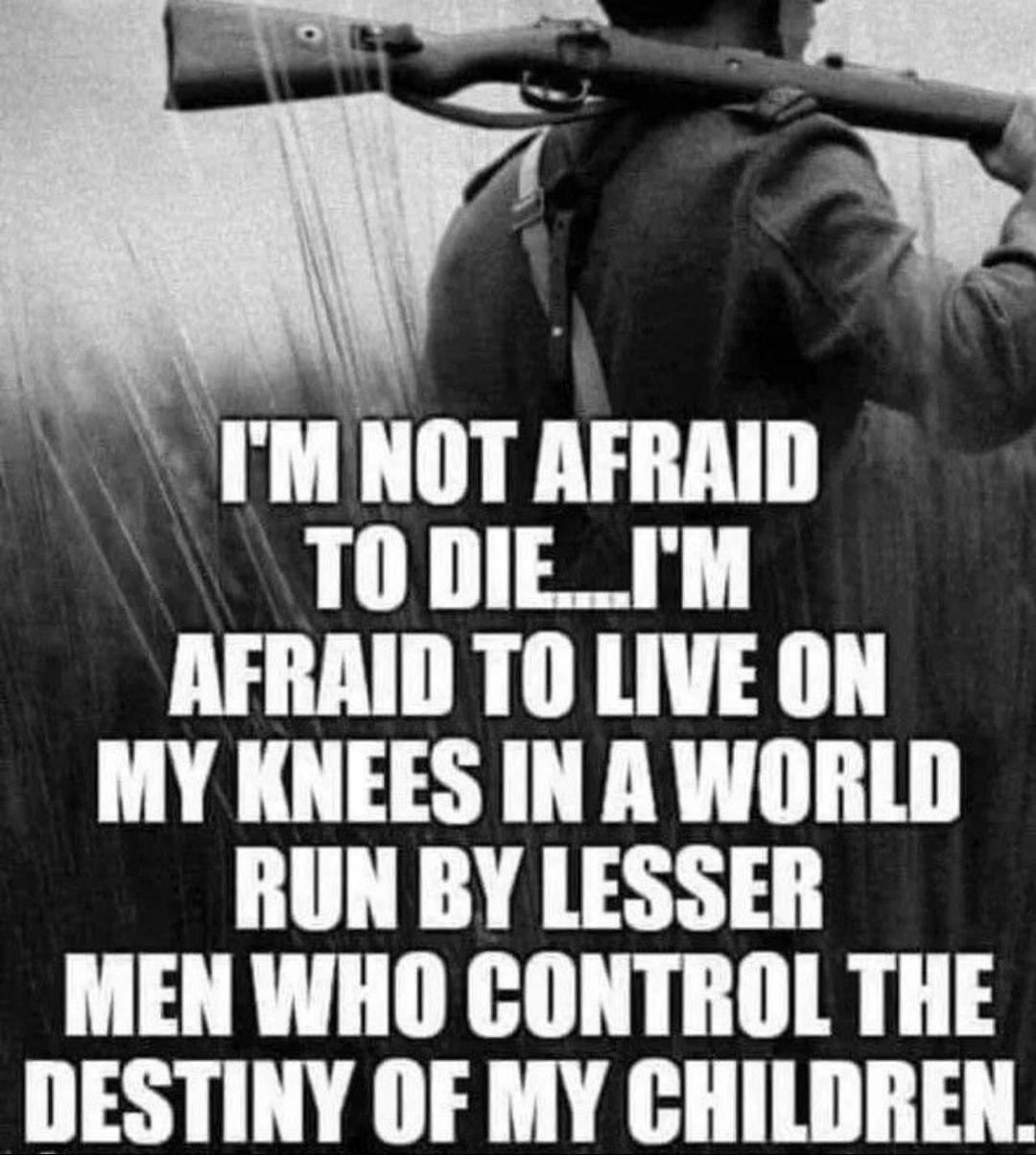 MNOT AFRAID TO DIEIM AFRAID TO LIVE ON MY KNEES IN A WORLD RUN BY LESSER MEN WHO CONTROL THE TSy VAT VAT