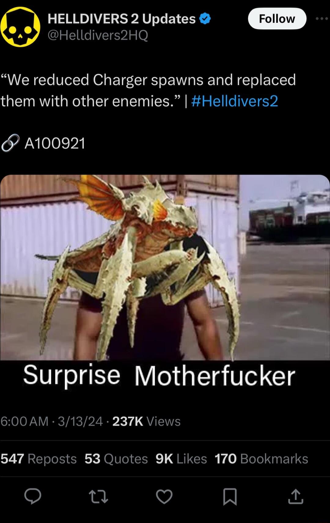 HELLDIVERS 2 Updates Helldivers2HQ We reduced Charger spawns and replaced them with other enemies Helldivers2 A100921 Surprise Motherfucker 600AM 31324 237K Views 7y QETIETEN x OGN L G RITCER 1 o J LI ET e v A o