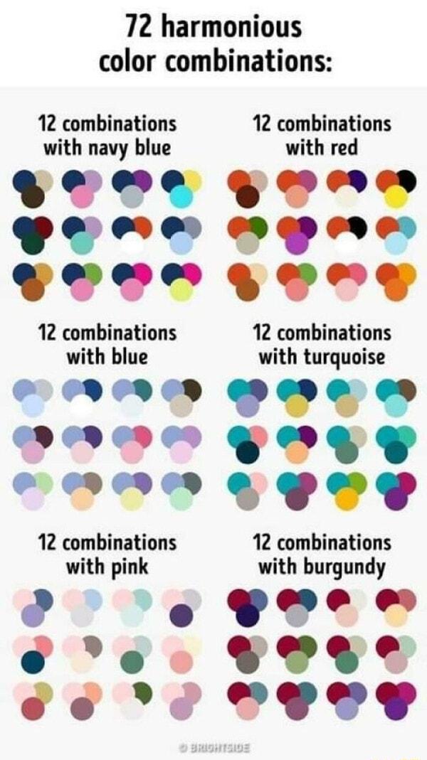 72 harmonious color combinations 12 combinations 12 combinations with navy blue with red YOPY vone oo npeae L A A dodl A dod 12 combinations 12 combinations with blue with turquoise V0o oYY wonn gPeP 12 combinations 12 combinations with pink with burgundy