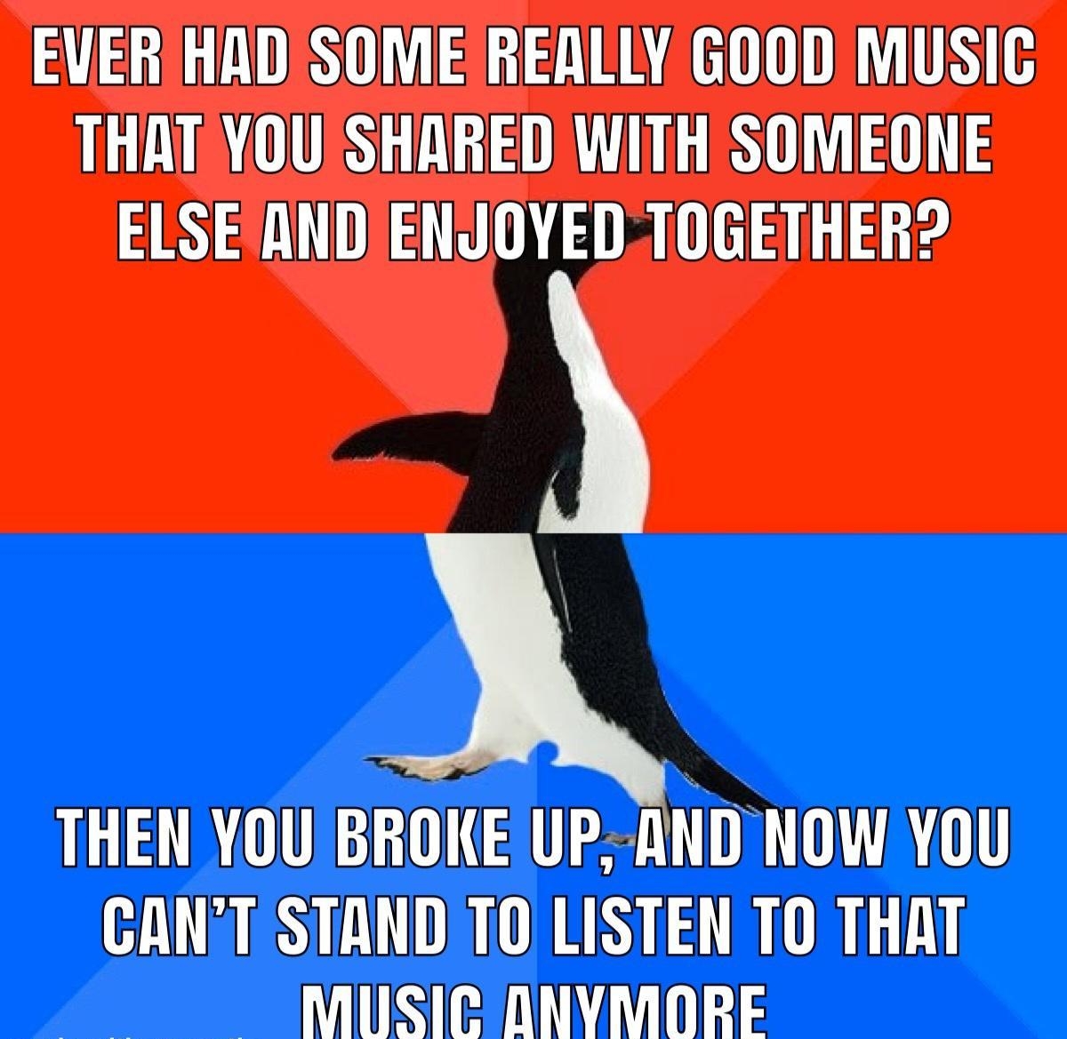 EVERHADSOMEREALLY GOODMUSIC THATFYOUSHARED WITH SOMEONE ELSEANDIENJOYEDTOGETHER THEN YOUBROKEUP ANDNOWYOU CANT STAND TOLISTEN TO THAT MUSIGANYMORE e MR lC