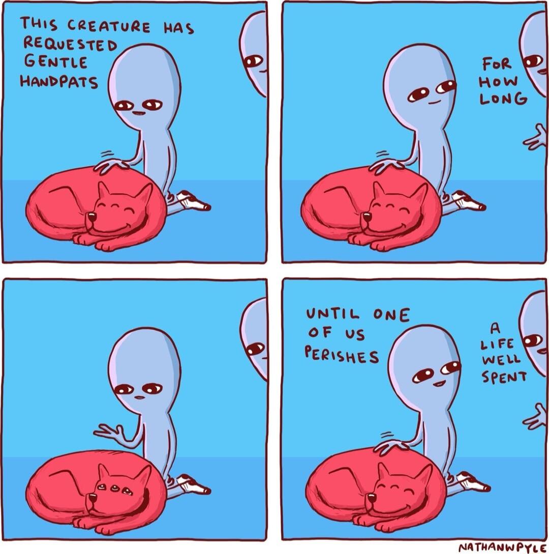 THIS CREATURE WA REQuESTED GENTLE HANDPATS UNTIL ONE oF us Perisues AT