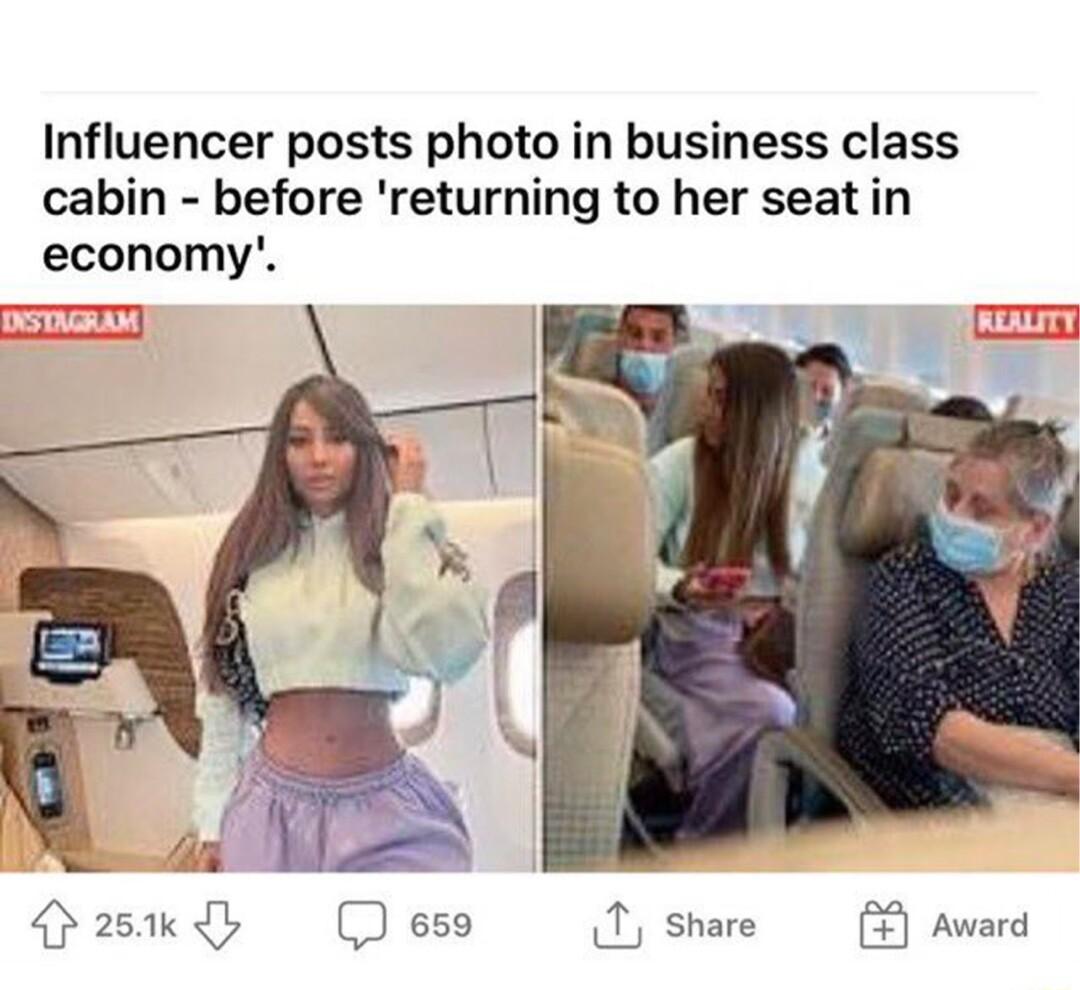 Influencer posts photo in business class cabin before returning to her seat in economy