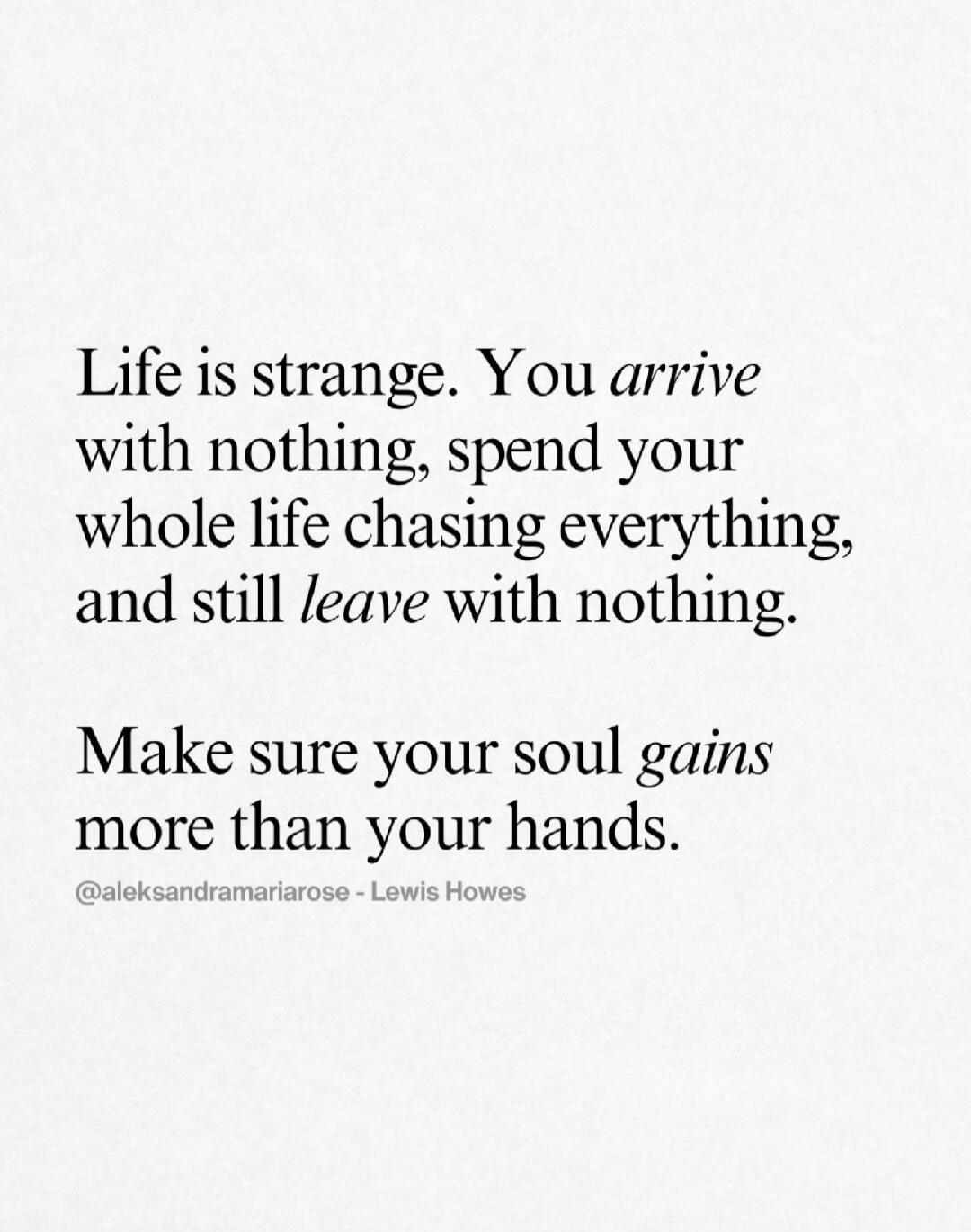 Life is strange. You arrive with nothing, spend your whole life chasing everything, and still leave with nothing. Make sure your soul gains more than your hands. @aleksandramariarose - Lewis Howes