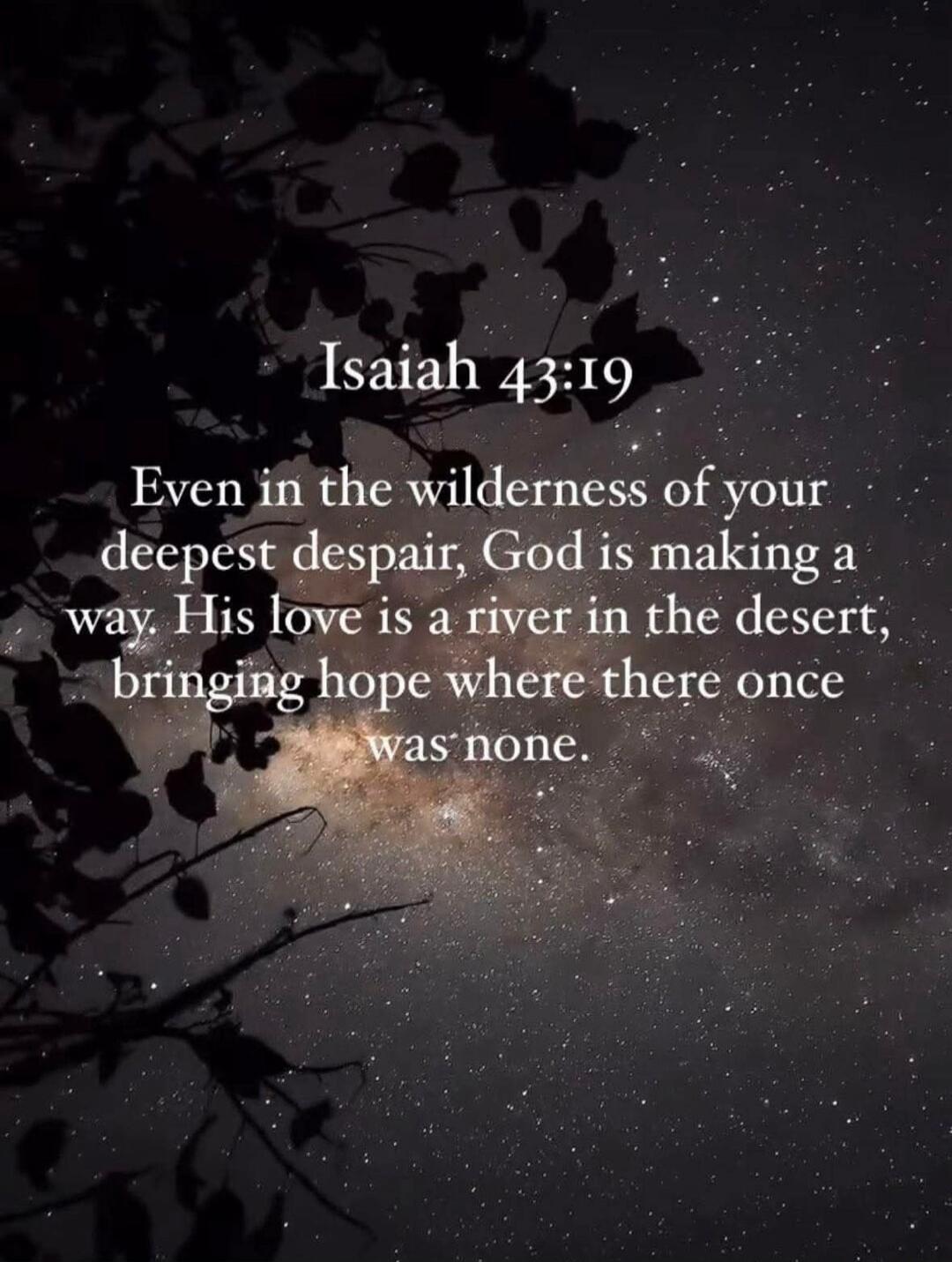 Isaiah 43:19 Even in the wilderness of your deepest despair, God is making a way. His love is a river in the desert, bringing hope where there once was none.
