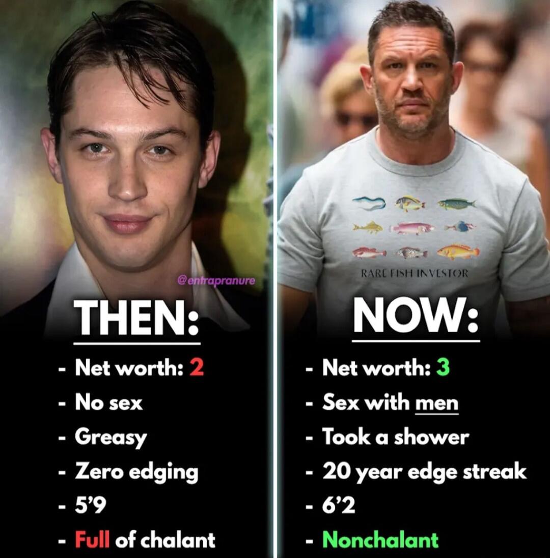 THEN Net worth 2 No sex Sex with men Greasy Took a shower Zero edging 20 year edge streak 59 62 Full of chalant Nonchalant