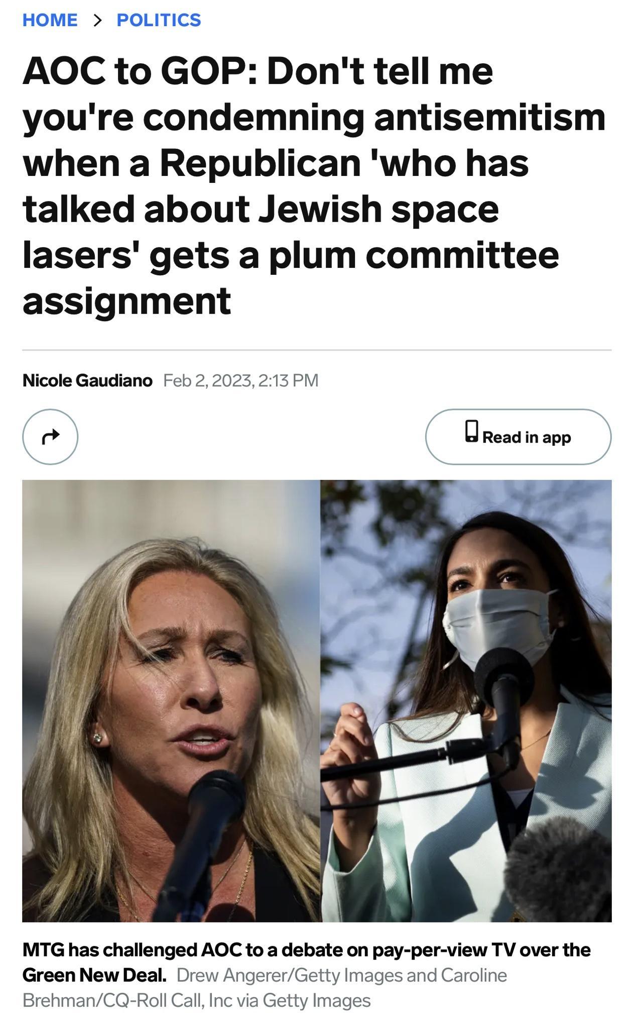 HOME POLITICS AOC to GOP Dont tellme youre condemning antisemitism when a Republican who has talked about Jewish space lasers gets a plum committee assignment Green New Deal Dreu Brehman Call Inc