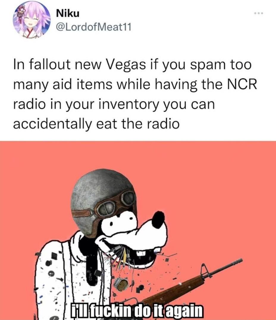 0 Niku bW LordofMeatt In fallout new Vegas if you spam too many aid items while having the NCR radio in your inventory you can accidentally eat the radio 1I again