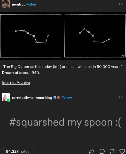 s The Big Dipper as it is today left and as it will look in 50000 years Dream of stars 1940 Internet Archive sorrytoallwholikeme blog Follow E 3o VET alTe MaglVASY o oY aH 94327 notes 20 0