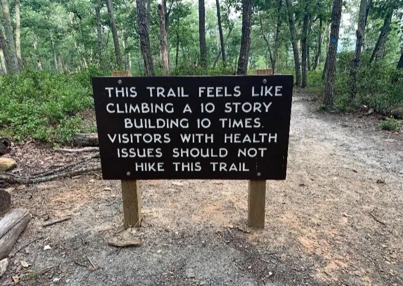 THIS TRAIL FEELS LIK CLIMBING A 10 STORY BUILDING 10 TIMES VISITORS WITH HEALTH ISSUES SHOULD NOT _HIKE THIS TRAIL