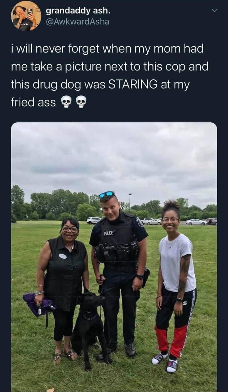 IELUGERGIEELN AwkwardAsha i will never forget when my mom had me take a picture next to this cop and this drug dog was STARING at my fried ass