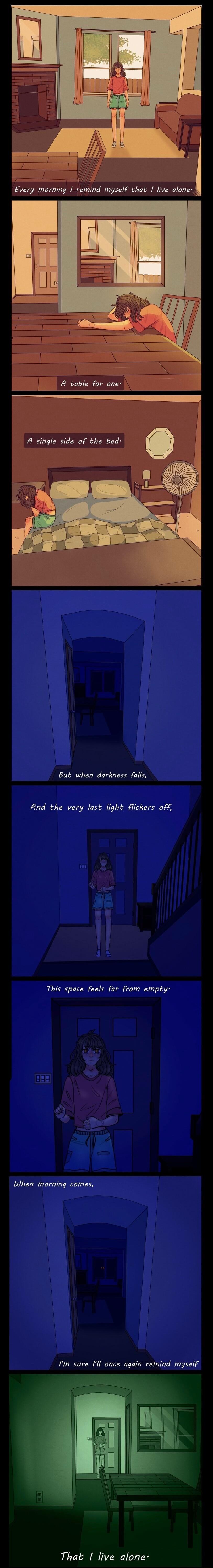 But when darkness falls And the very last light flickers of This space feels far from empty When morning comes Im sure ll once again remind myself That live alone
