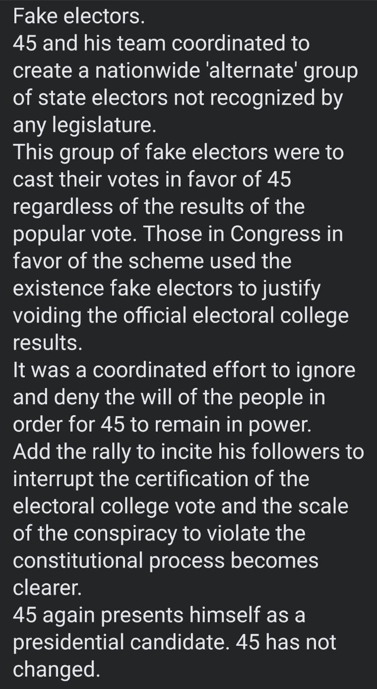 Fake electors RN IR Ty Nelelol e HET T R 6 create a nationwide alternate group of state electors not recognized by EIACSENTCN This group of fake electors were to cast their votes in favor of 45 regardless of the results of the popular vote Those in Congress in favor of the scheme used the existence fake electors to justify el lelsTeRigleNe o F W Yol o Wele T results It was a coordinated effort to 
