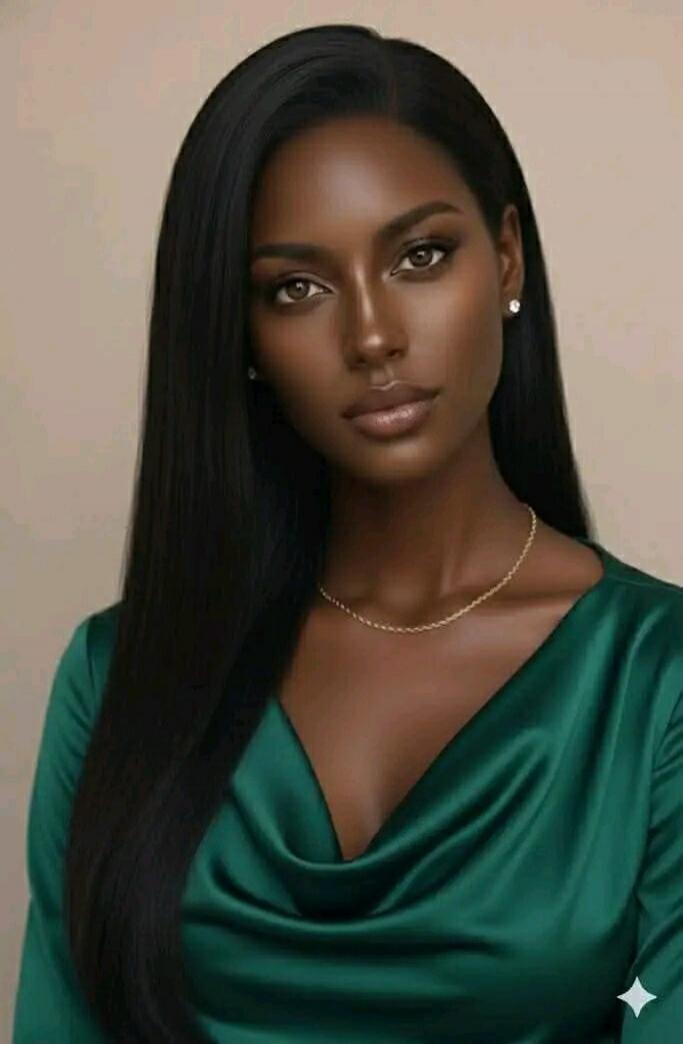 A portrait of a beautiful woman with dark skin, long black hair, and brown eyes. She is wearing a green satin dress and a gold necklace. She has a subtle smile on her face.