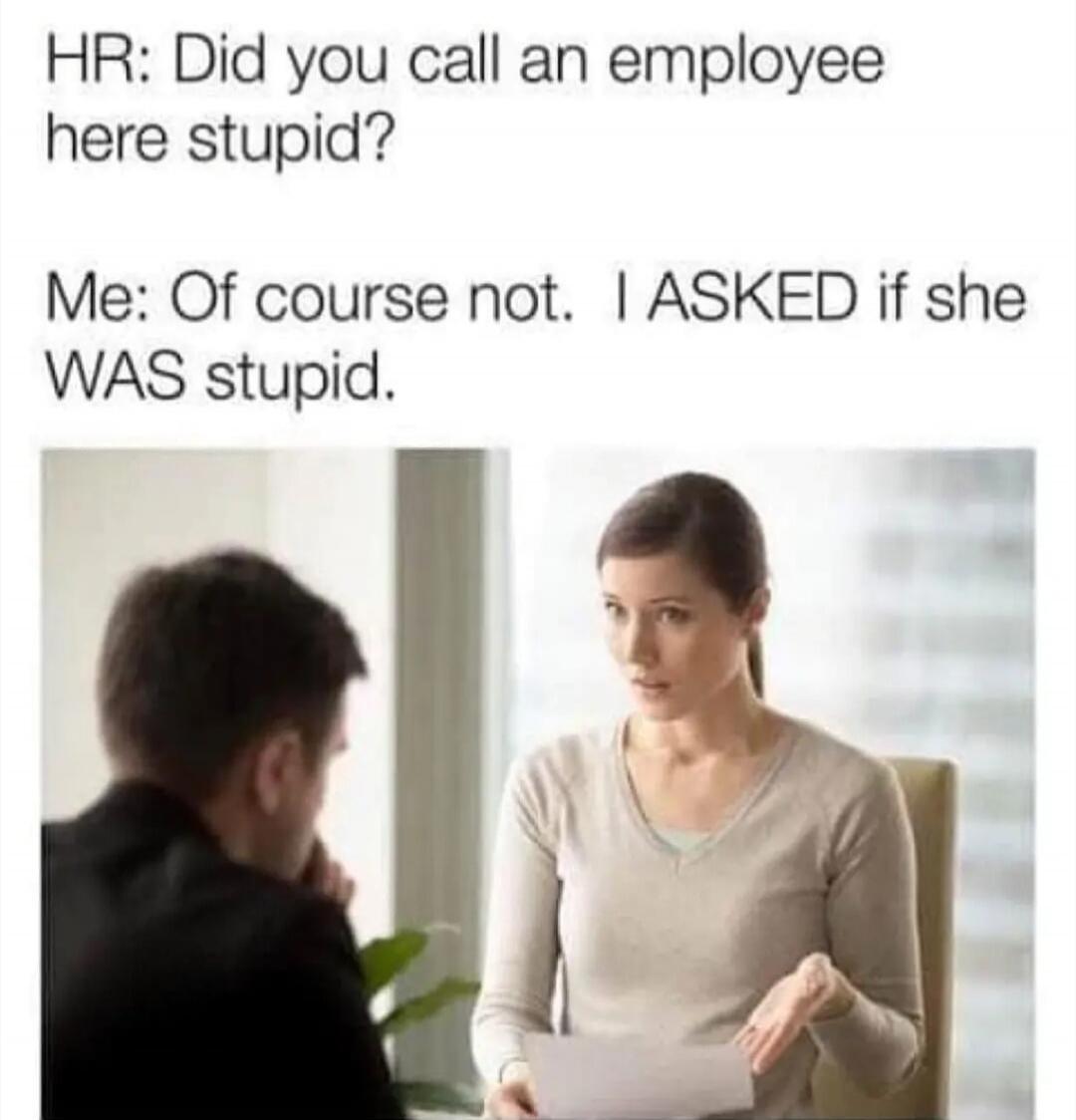 HR: Did you call an employee here stupid? Me: Of course not. I ASKED if she WAS stupid.