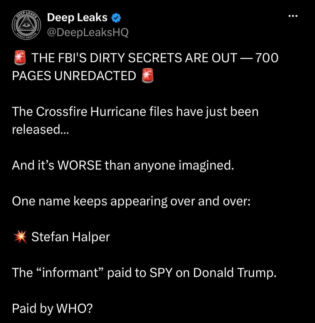 Deep Leaks @DeepLeaksHQ THE FBI'S DIRTY SECRETS ARE OUT - 700 PAGES UNREDACTED The Crossfire Hurricane files have just been released... And it's WORSE than anyone imagined. One name keeps appearing over and over: Stefan Halper The 'informant' paid to SPY on Donald Trump. Paid by WHO?