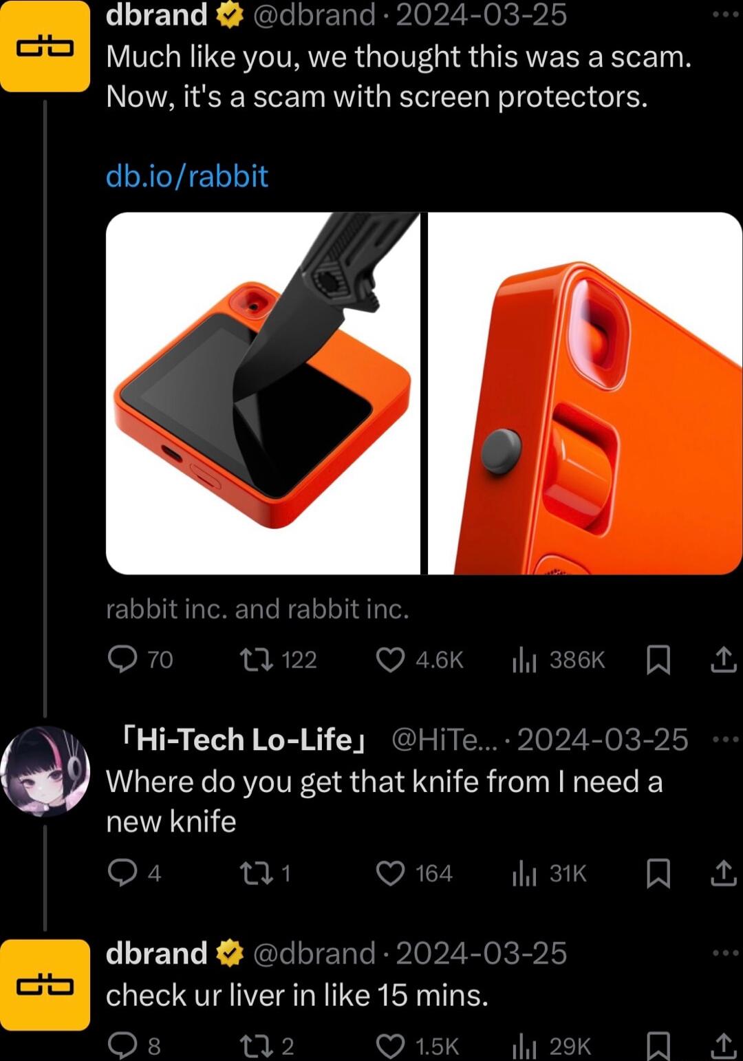 LLIERTE Much like you we thought this was a scam Now its a scam with screen protectors dbiorabbit Hi Tech Lo Lifey where do you get that knife from need a new knife LLIENEE check ur liver in like 15 mins