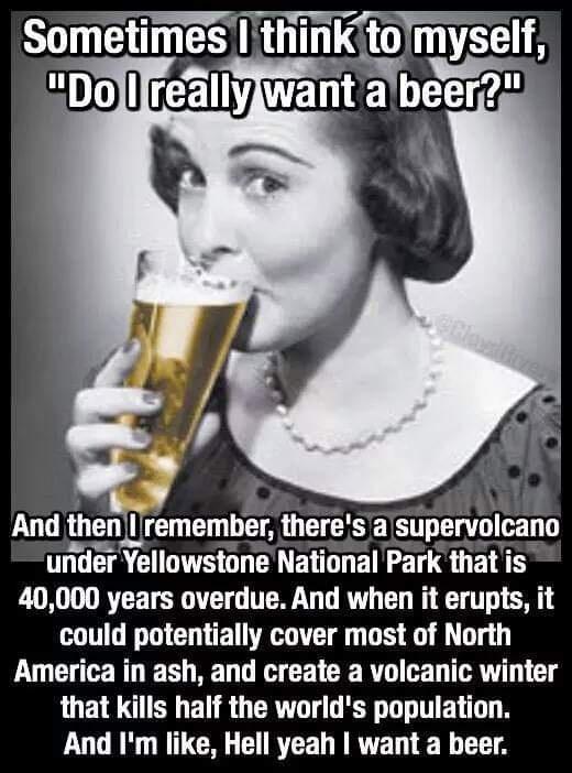 And thenlremember theres a supervolcano under Yellowstone LEHOLEIRET QT 40000 years overdue And when it erupts it could potentially cover most of North America in ash and create a volcanic winter that kills half the worlds population And Im like Hell yeah want a beer