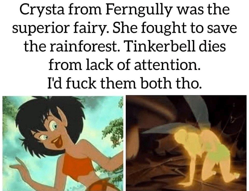 Crysta from Ferngully was the superior fairy She fought to save the rainforest Tinkerbell dies from lack of attention Id fuck them both tho